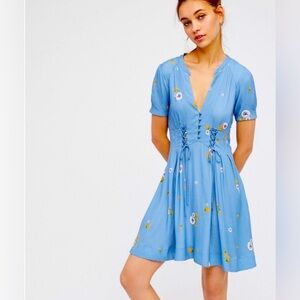 Free People Dream Girl Mini Dress XS Blue Floral Romantic Cottagecore Boho 2